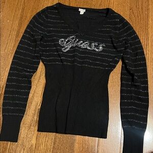 Guess Y2K Black and Silver Striped Long Sleeve Top